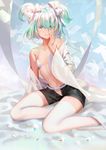  absurdres androgynous aqua_hair arm_support bad_id bad_pixiv_id bangs bare_shoulders bed_sheet bikini_top black_shorts blanket blush bow brown_eyes closed_mouth diamond_(houseki_no_kuni) eyelashes hair_between_eyes hair_bow highres houseki_no_kuni kirbyheimi leaning_to_the_side looking_at_viewer on_bed open_fly shatter shiny shiny_hair short_hair short_shorts shorts silver_hair smile solo sparkle stomach thighhighs two_side_up under_covers white_bikini_top white_bow white_legwear 