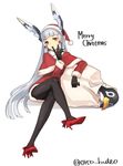  alternate_costume black_gloves black_legwear capelet christmas crossed_legs dress failure_penguin gloves hair_ribbon hat kantai_collection long_hair murakumo_(kantai_collection) orange_eyes pantyhose red_capelet red_dress red_footwear ribbon sack santa_costume santa_hat sidelocks silver_hair simple_background sitting solo tress_ribbon twitter_username white_background yamashiki_(orca_buteo) 