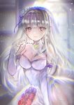  artist_name bangs bare_shoulders blunt_bangs blurry bouquet breasts bride choker cleavage closed_mouth dress elbow_gloves emilia_(re:zero) eyebrows_visible_through_hair flower gloves holding holding_bouquet large_breasts light_particles long_hair looking_at_viewer mirutu pointy_ears purple_eyes re:zero_kara_hajimeru_isekai_seikatsu red_flower red_rose rose silver_hair smile solo upper_body veil wedding_dress white_dress white_gloves 