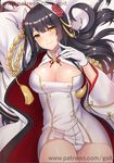  arm_up artist_name azur_lane bangs bed_sheet black_hair blunt_bangs blush breasts cleavage cleavage_cutout closed_mouth cowboy_shot double-breasted dress eyebrows_visible_through_hair flower from_above gloves go-it hair_flower hair_ornament hiei_(azur_lane) horns large_breasts long_sleeves looking_at_viewer looking_up lying miniskirt on_back panties pantyshot pantyshot_(lying) red_flower red_rose rose shiny shiny_hair short_dress sidelocks signature skirt smile solo tareme tassel underwear watermark web_address white_gloves white_panties wide_sleeves yellow_eyes 