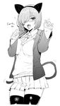  absurdres animal_ears blush cat_ears cat_tail collared_shirt eyebrows_visible_through_hair fake_animal_ears fake_tail fate/grand_order fate_(series) fingernails flying_sweatdrops greyscale hair_over_one_eye hairband hands_up highres jacket looking_at_viewer mash_kyrielight monochrome necktie nyan open_mouth paw_pose pleated_skirt shirt short_hair simple_background skindentation skirt sleeves_past_wrists solo standing suisogenshi sweat sweater tail thighhighs white_background wing_collar 