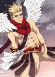  1boy blonde_hair blush clothed erection hata_ichi league_of_legends looking_at_viewer male_focus nipples pecs penis scarf smile spiked_hair sweat testicles varus_(league_of_legends) wings yellow_eyes 