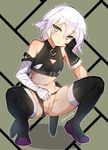  arm_support bandaged_arm bandages bare_shoulders black_footwear black_gloves black_panties blush boots buckle cleft_of_venus closed_mouth crop_top facial_scar fate/apocrypha fate_(series) flat_chest full_body gloves green_eyes hand_on_own_cheek head_rest head_tilt highres jack_the_ripper_(fate/apocrypha) looking_at_viewer navel outline panties panties_aside pussy scar scar_across_eye short_hair silver_hair single_glove skindentation sleeveless solo squatting stomach thigh_boots thighhighs tilt-shift tsurime twitter_username two-tone_background uncensored underwear 