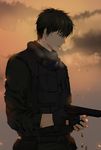  black_gloves black_hair blue_eyes bullet cigarette fingerless_gloves gintama gloves gun hijikata_toushirou holding holding_gun holding_weapon loli_bushi male_focus military military_uniform outdoors smoking solo standing uniform upper_body weapon 