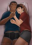 2boys bed bed_sheet blush boxer_briefs briefs bulge clothed eyes_closed hairy_legs male_focus multiple_boys original otoufu_oishii pillow sleeping spiked_hair tan underwear yaoi 