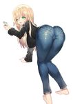  ass barefoot bent_over black_sweater blonde_hair breasts cameltoe covered_nipples denim green_eyes highres large_breasts long_hair long_sleeves mamuru open_mouth original pants ribbed_sweater shiny shiny_clothes simple_background smile solo standing sweater white_background 