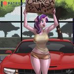  2017 anthro anthrofied big_breasts blue_eyes breasts car clothed clothing cloud equine female friendship_is_magic hair horn huge_breasts kevinsano long_hair mammal multicolored_hair my_little_pony nipple_bulge open_mouth open_smile outside patreon shirt shorts sign sky smile solo starlight_glimmer_(mlp) translucent transparent_clothing tree two_tone_hair unicorn vehicle wet_shirt 