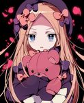  abigail_williams_(fate/grand_order) bangs black_background black_bow black_dress black_hat blonde_hair blue_eyes bow bug butterfly commentary_request dress eyebrows_visible_through_hair fate/grand_order fate_(series) hair_bow hat insect long_hair long_sleeves looking_at_viewer object_hug orange_bow parted_bangs parted_lips petals polka_dot polka_dot_bow sleeves_past_fingers sleeves_past_wrists solo stuffed_animal stuffed_toy teddy_bear v-shaped_eyebrows very_long_hair yuzu_momo_(yuzumaruyz) 