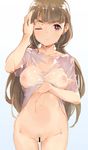  arm_up bangs bar_censor blush bottomless breasts brown_hair censored closed_mouth collarbone eyebrows_visible_through_hair gradient gradient_background hand_in_hair highres hips idolmaster idolmaster_cinderella_girls kamiya_nao long_hair looking_at_viewer low_twintails medium_breasts navel nipples one_eye_closed pubic_hair red_eyes see-through shirt short_sleeves simple_background solo t-shirt tareme tetsujin_momoko thick_eyebrows twintails upper_body wet wet_clothes wet_shirt 