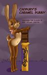  2017 anthro bow breasts brown_eyes brown_fur cadbury_bunny candy_bar english_text female flat_chested fur furnut lagomorph looking_at_viewer mammal nipples nude rabbit smile solo text 