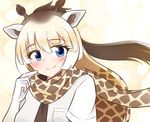  animal_ears blonde_hair blue_eyes blush breast_pocket brown_hair commentary_request eyebrows_visible_through_hair eyes_visible_through_hair giraffe_ears giraffe_horns giraffe_print kemono_friends looking_at_viewer multicolored_hair necktie pocket pointing pointing_at_self ponytail print_scarf reticulated_giraffe_(kemono_friends) scarf smile solo tachibana_shian upper_body 