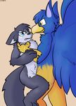  2017 anthro avian bailey_(housepets!) blue_feathers canine cum duo eye_contact feathers female forced gryphon housepets! male male/female mammal pete_(housepets!) rape sex simple_background size_difference stand_and_carry_position standing starit tears 