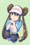  baseball_cap blue_eyes blush brown_hair hair_bun hat long_hair mei_(pokemon) pokemon pokemon_(game) pokemon_bw2 shoes shorts sky-sky thighhighs tied_hair 