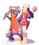  1girl blue_hair boots dress drifloon eyes_closed gabite gloves hair_ornament hairpin happy hat hikari_(pokemon) jacket kouri monster pokemon pokemon_(creature) pokemon_(game) pokemon_dppt scarf 