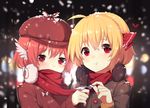  ahoge blonde_hair casual chocolate_bar commentary contemporary earmuffs food hair_ribbon hat highres holding holding_food jacket multiple_girls mystia_lorelei pink_hair red_eyes red_ribbon red_scarf ribbon rumia scarf sh_(562835932) shared_scarf short_hair snowing touhou upper_body 