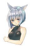  &gt;:) animal_ears bangs bare_arms bare_shoulders black_shirt blue_eyes breasts cat_ears closed_mouth collarbone commentary_request covered_nipples eyebrows_visible_through_hair facial_mark final_fantasy final_fantasy_xiv looking_at_viewer medium_breasts midorikawa_you miqo'te shirt short_hair silver_hair simple_background sleeveless sleeveless_shirt smile solo tsurime v-shaped_eyebrows white_background 