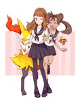  black_legwear blue_eyes braixen brown_hair closed_eyes commentary_request dark_skin flabebe flower fox gen_6_pokemon happy kouri long_hair multiple_girls one_eye_closed open_mouth pantyhose pleated_skirt pokemon pokemon_(creature) pokemon_(game) pokemon_xy ponytail sana_(pokemon) school_uniform serena_(pokemon) shirt skirt smile tied_hair 