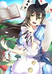  :d alice_(wonderland) alice_(wonderland)_(cosplay) alice_in_wonderland bang_dream! black_bow black_hair blue_dress blue_sky blush book bow card cloud cosplay day dress grass green_eyes hair_between_eyes hair_bow hanazono_tae hassan_(user_vgzs2728) long_hair looking_at_viewer mushroom open_book open_mouth outdoors path playing_card puffy_short_sleeves puffy_sleeves road short_sleeves sky smile standing tower wrist_cuffs 