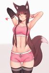  animal_ear_fluff animal_ears armpits arms_behind_head arms_up bangs black_legwear bluefield blunt_bangs blush boyshorts bra breasts brown_hair cameltoe cleavage closed_mouth collarbone cowboy_shot crop_top detached_sleeves eyebrows_visible_through_hair fox_ears fox_girl fox_tail gradient gradient_background green_eyes grey_background gym_shorts heart highres large_breasts long_hair looking_at_viewer navel nose_blush original pink_bra pink_shorts shorts sidelocks single_detached_sleeve skindentation smile solo sports_bra standing straight_hair sweat sweatband tail thigh_gap thighhighs thighs toned tsurime underwear underwear_only very_long_hair white_background wristband 