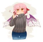  animal_ears arm_behind_back bird_wings cropped_legs denim grey_sweater hand_up ini_(inunabe00) jeans jewelry long_sleeves looking_at_viewer mystia_lorelei pants pink_hair ribbed_sweater short_hair single_earring solo sweater thigh_gap touhou turtleneck turtleneck_sweater wings yellow_eyes 