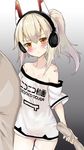  ayanami_(azur_lane) azur_lane bad_id bad_pixiv_id blush breasts cleavage collarbone commentary_request derivative_work headphones highres looking_at_viewer luina_irisel mechanical_ears niconico pillow red_eyes shirt short_ponytail simple_background small_breasts t-shirt thighs white_hair 