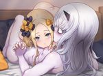 2girls abigail_williams_(fate/grand_order) bed black_bow blonde_hair blush bow breast_sucking breasts constricted_pupils fate/grand_order fate_(series) female girl_on_top hair_bow hand_holding interlocked_fingers lavinia_whateley_(fate/grand_order) long_hair looking_at_another lying multiple_girls nipples nude on_back on_bed orange_bow orange_pillow pale_skin pillow pink_eyes polka_dot polka_dot_bow polka_dot_pillow profile saliva small_breasts white_hair yas_(35373) yuri 