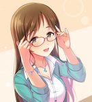  :d adjusting_eyewear aqua_jacket bracelet breasts brown_hair cleavage collarbone dress dress_shirt eyebrows_visible_through_hair glasses green_eyes idolmaster idolmaster_cinderella_girls jacket jewelry long_hair looking_at_viewer medium_breasts natsuya necklace nitta_minami open_clothes open_jacket open_mouth red-framed_eyewear shirt smile solo upper_body very_long_hair white_dress 