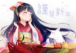  absurdres blush bow chopsticks closed_eyes dog eating floral_print food_request hair_bow highres japanese_clothes kimono lobster long_hair natuno-ojyousan original smile very_long_hair 