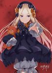  abigail_williams_(fate/grand_order) artist_name black_bow black_dress blonde_hair bloomers bow dress fate/grand_order fate_(series) hair_bow hat highres long_hair long_sleeves looking_at_viewer orange_bow polka_dot polka_dot_bow purple_eyes red_background signature sleeves_past_fingers sleeves_past_wrists smile solo stuffed_animal stuffed_toy takehana_note teddy_bear underwear very_long_hair 