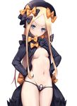  :&lt; abigail_williams_(fate/grand_order) bangs black_bow black_coat black_hat black_panties blonde_hair blue_eyes blush bow breasts closed_mouth coat fate/grand_order fate_(series) fedora groin hair_bow hands_on_hips hat head_tilt highres long_hair long_sleeves looking_at_viewer navel no_bra open_clothes open_coat orange_bow panties parted_bangs pussy_peek simple_background sleeves_past_wrists small_breasts solo stomach straight_hair takanoriha_kasui thighs underboob underwear very_long_hair white_background 