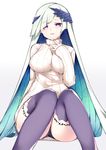  aqua_hair black_panties breasts brynhildr_(fate) dress fate/prototype fate/prototype:_fragments_of_blue_and_silver fate_(series) hair_over_one_eye half-closed_eyes haruyuki_(yukichasoba) knees_together_feet_apart large_breasts long_hair multicolored_hair panties pantyshot pantyshot_(sitting) parted_lips purple_eyes purple_legwear ribbed_sweater silver_hair sitting sleeves_past_wrists smile solo sweater sweater_dress thighhighs turtleneck turtleneck_sweater two-tone_hair underwear upskirt very_long_hair white_sweater 