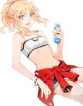  :d blonde_hair blue_eyes blue_shorts bra bracelet breasts cleavage cleavage_cutout clothes_around_waist collarbone cowboy_shot denim denim_shorts dutch_angle eyebrows_visible_through_hair fate/apocrypha fate_(series) hair_ornament hair_scrunchie high_ponytail highres holding jewelry long_hair midriff mordred_(fate) mordred_(fate)_(all) open_mouth red_scrunchie scrunchie short_shorts shorts simple_background small_breasts smile solo standing stomach torn_clothes torn_shorts underwear white_background white_bra yogurt_yo 