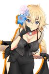  black_bow black_dress black_gloves blonde_hair blue_eyes blue_flower bow breasts cleavage cowboy_shot dress eyebrows_visible_through_hair fate/apocrypha fate_(series) flower gloves hair_between_eyes hair_flower hair_ornament heroic_spirit_formal_dress highres jeanne_d'arc_(fate) jeanne_d'arc_(fate)_(all) jewelry large_breasts leaning_forward looking_at_viewer necklace open_mouth see-through short_hair simple_background skirt_hold solo standing torikun white_background white_flower 
