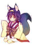  animal_ear_fluff animal_ears bangs blush bow brown_bow brown_eyes coat commentary eyebrows_visible_through_hair fang fox_ears fox_girl fox_tail hair_between_eyes hair_intakes hairband hatsuse_izuna japanese_clothes kimono long_sleeves looking_at_viewer midorikawa_you no_game_no_life overcoat parted_lips pinching_sleeves pink_kimono purple_hair seiza short_hair short_kimono simple_background sitting sleeves_past_wrists solo tail white_background wide_sleeves yellow_hairband 