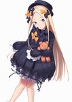  abigail_williams_(fate/grand_order) absurdres bangs black_bow black_dress black_hat blonde_hair bloomers blue_eyes bow bug butterfly commentary_request dress dutch_angle fate/grand_order fate_(series) hair_bow hat head_tilt highres insect long_hair long_sleeves looking_at_viewer object_hug orange_bow parted_bangs parted_lips polka_dot polka_dot_bow ruga_(orage38) simple_background sleeves_past_fingers sleeves_past_wrists solo stuffed_animal stuffed_toy teddy_bear underwear very_long_hair white_background white_bloomers 