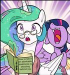  2017 book cutie_mark duo edit english_text equine eyelashes eyewear feathered_wings feathers female friendship_is_magic glasses hair hi_res horn magic mammal multicolored_hair my_little_pony nightgown open_mouth pencils_(artist) princess_celestia_(mlp) purple_eyes reading simple_background sparkles spread_wings startled text tongue twilight_sparkle_(mlp) winged_unicorn wings yelling 