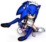  2009 aoi_no_harinezumi balls clothed clothing crossdressing fishnet footwear gloves green_eyes legwear looking_at_viewer maid_uniform panties penis shoes sonic_(series) sonic_the_hedgehog stockings underwear uniform 