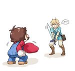  blonde_hair full_body hat holding holding_sword holding_weapon link long_hair male_focus mario mario_(series) master_sword multiple_boys natsuyon no pointy_ears ponytail super_mario_bros. super_mario_odyssey sword the_legend_of_zelda the_legend_of_zelda:_breath_of_the_wild weapon 