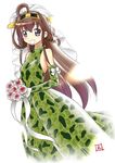  :d ahoge bouquet bride brown_hair camouflage camouflage_dress dress ebifly elbow_gloves eyebrows_visible_through_hair flower gloves green_dress green_gloves hairband headgear holding holding_bouquet kantai_collection kongou_(kantai_collection) long_hair looking_at_viewer open_mouth pink_flower pink_rose purple_eyes rose signature simple_background smile solo standing very_long_hair wedding_dress white_background 