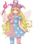  american_flag_dress american_flag_legwear bare_arms breasts closed_mouth clownpiece dress fairy_wings fire hand_up hat highres holding jester_cap long_hair looking_at_viewer ma_nyan_(nyao_mao_nyao) medium_breasts pantyhose pink_eyes polka_dot purple_hat short_dress short_sleeves simple_background smile solo star star_print striped striped_dress striped_legwear torch touhou very_long_hair white_background wings 