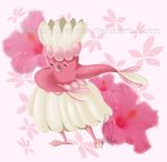  bird dancer dancing feathers floral_background flower gen_7_pokemon grass_skirt headdress hibiscus hula mercuryjin no_humans oricorio pink_background pokemon pokemon_(creature) pokemon_(game) pokemon_sm 
