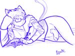  2017 anthro balls blue_and_white bottomless cat clothed clothing erection eyewear feline glasses hi_res hoodie humanoid_penis lying male mammal monochrome on_side penis ranoa02 signature simple_background sketch solo white_background 