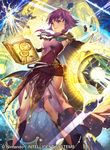  bangs book boots breasts commentary_request company_connection copyright_name dress elbow_gloves fire_emblem fire_emblem:_seima_no_kouseki fire_emblem_cipher floating floating_object gloves long_hair looking_away lute_(fire_emblem) magic magic_circle medium_breasts official_art open_book purple_dress purple_eyes purple_hair smile standing umiu_geso 