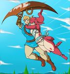  amber_eyes anklet armor blue_eyes blush boots bottomless bracers breasts breath_of_the_wild claws clothed clothing duo featureless_breasts featureless_crotch flying footwear humanoid hylian jewelry link mipha nintendo open_mouth open_smile paraglider pointy_ears red_body shinysteel shirt skyscape smile the_legend_of_zelda toe_claws tree tunic video_games webbed_feet zora 