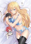  black_legwear blonde_hair blue_bra blue_eyes blue_panties bra breasts character_doll character_request cleavage closed_mouth eyebrows_visible_through_hair garter_belt hair_between_eyes highres kuchidome_no_gohoubi_wa_dansou_otome_to_ichaero_desu long_hair lying medium_breasts navel non-web_source novel_illustration on_side orochi_itto panties photo_(object) solo thighhighs underwear underwear_only very_long_hair 