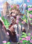 blonde_hair braid brown_eyes brown_gloves castle cloud company_name effie_(fire_emblem) fire_emblem fire_emblem_cipher fire_emblem_echoes:_mou_hitori_no_eiyuuou flower gloves greaves head_wreath horse long_hair mayo_(becky2006) official_art open_mouth polearm shoulder_pads sitting sky solo spear twin_braids weapon 