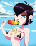  1girl black_hair blue_eyes breasts clothing cloud earrings eyebrows hotel_transylvania jewelry lips lipstick mavis_dracula nose solo sucking swimsuit thehumancopier wink 