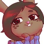 &lt;3 &lt;3_eyes 2017 anthro aquaant clothed clothing female hands_on_chin lagomorph mammal rabbit simple_background smile smug solo unknown_artist white_background 