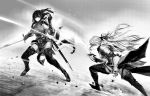  2girls absurdres armor boots female fighting fighting_stance gauntlets greyscale highres jun_(seojh1029) monochrome multiple_girls original ponytail scabbard sheath sword thigh_boots thighhighs weapon 