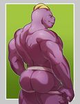  2017 5_fingers anthro back_muscles biceps blue_eyes butt clothed clothing green_background grin half-closed_eyes hi_res humanoid_hands jockstrap knuxlight looking_at_viewer looking_back machoke male mammal markings muscular muscular_male nintendo partially_clothed pecs pok&eacute;mon pok&eacute;mon_(species) purple_markings purple_skin rear_view simple_background smile snout solo standing teeth thick_thighs tight_clothing topless triceps underwear video_games 
